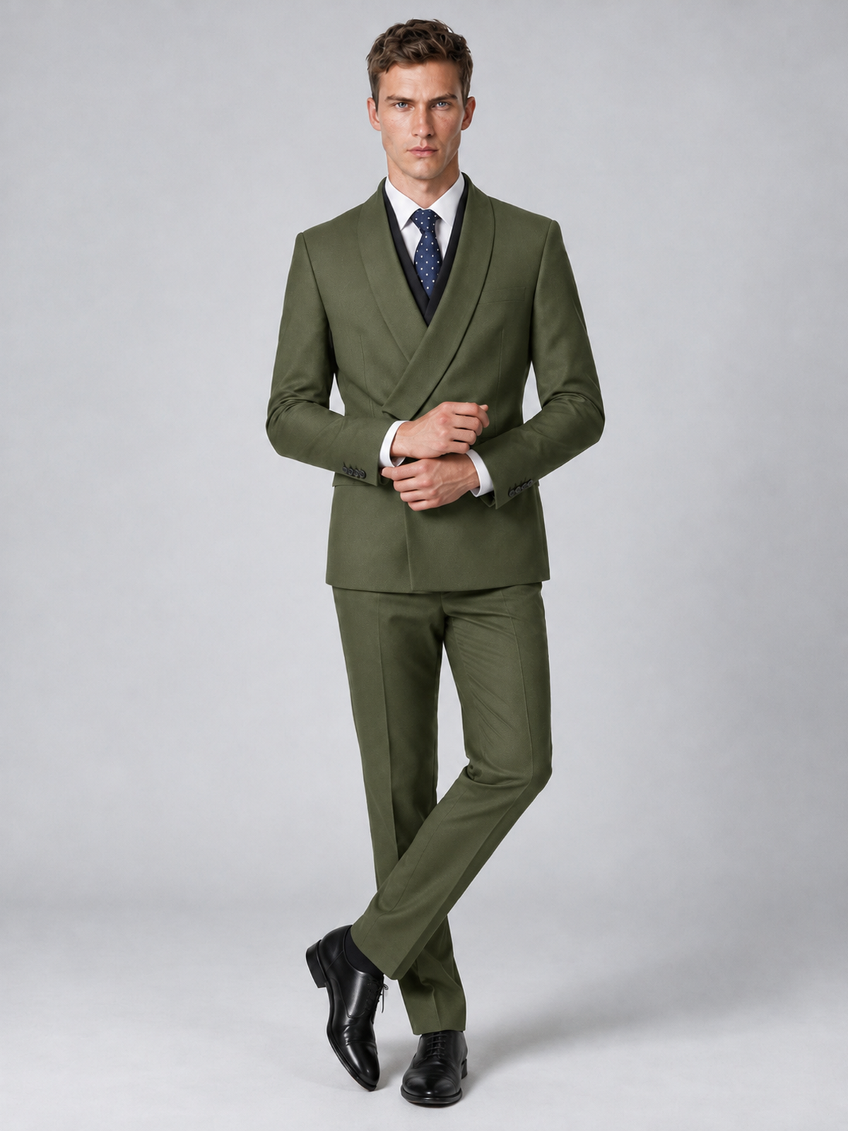 Savile Men's Olive Green Wrap Shawl Lapel 2-Piece Suit Set – Modern Jacket & Trousers - Olive Green - Olive Green_4