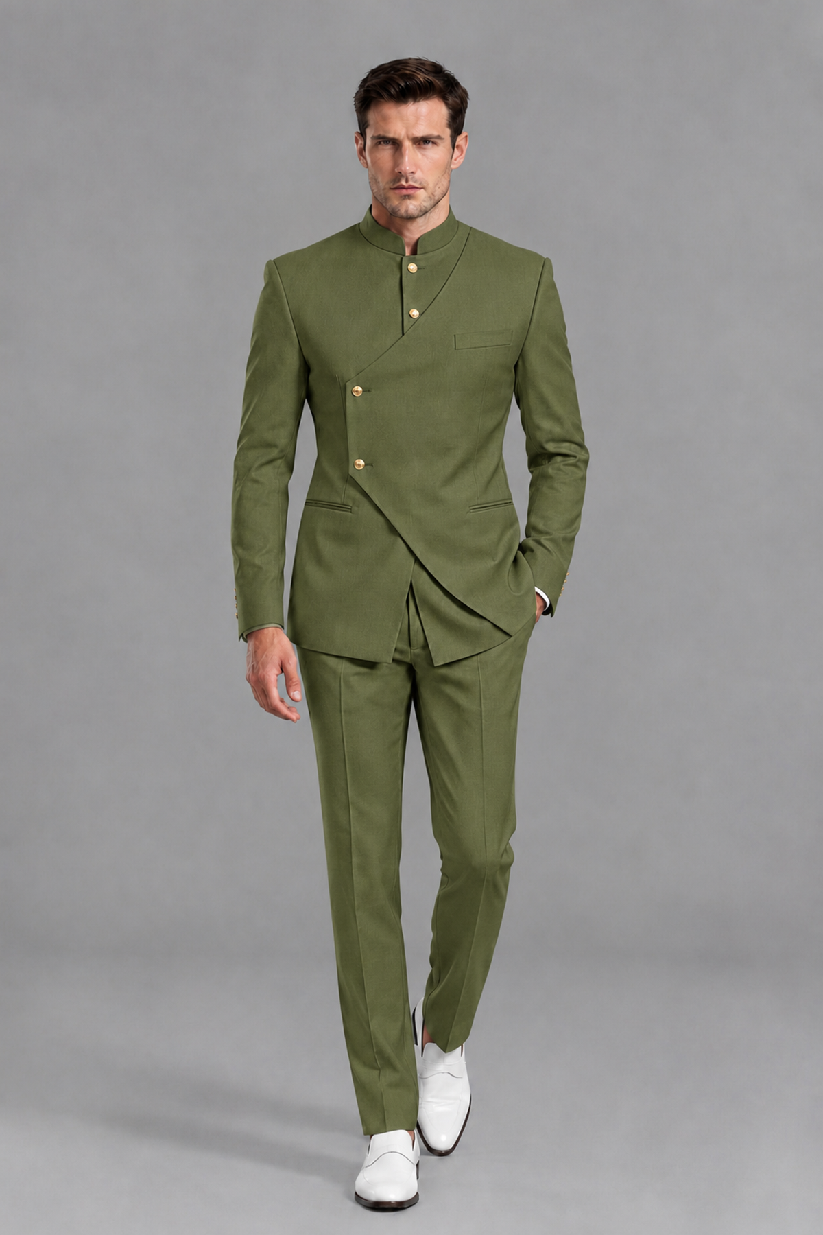 Savile Men's Olive Green Asymmetrical Mandarin Collar Tuxedo Suit – Modern 2-Piece Gold Button Wedding, Prom & Gala Set - Olive Green - Olive Green_5