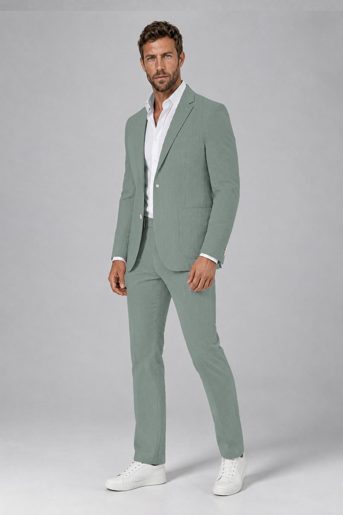 Savile Men's Olive Green Striped 2-Piece Suit Set – Notch Lapel Blazer & Tailored Trousers - Olive Green - Olive_Green(5)