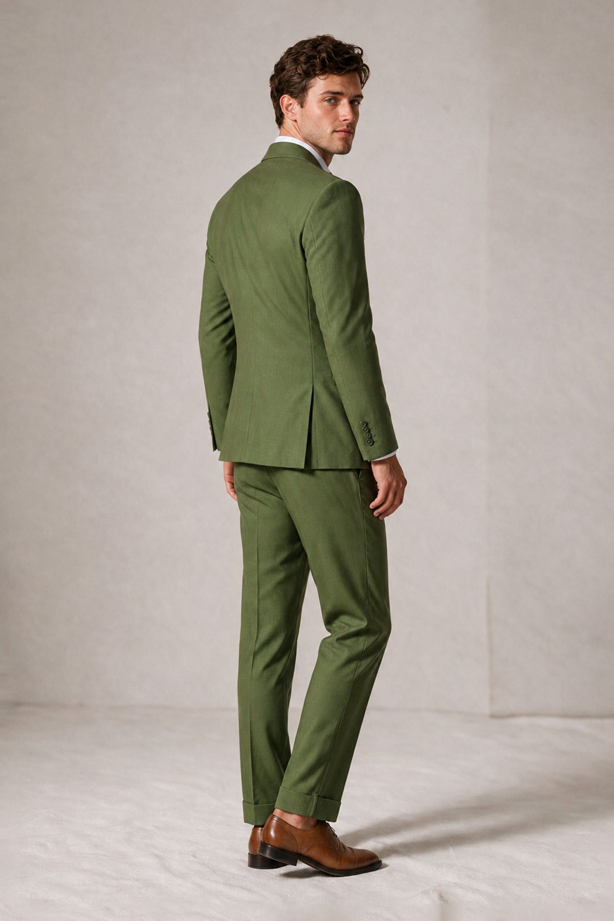 Savile Men's Olive Green Double-Breasted Slim Fit 2-Piece Suit Set – Peak Lapel Blazer & Cuffed Trousers | Wedding Prom Formal - Olive Green