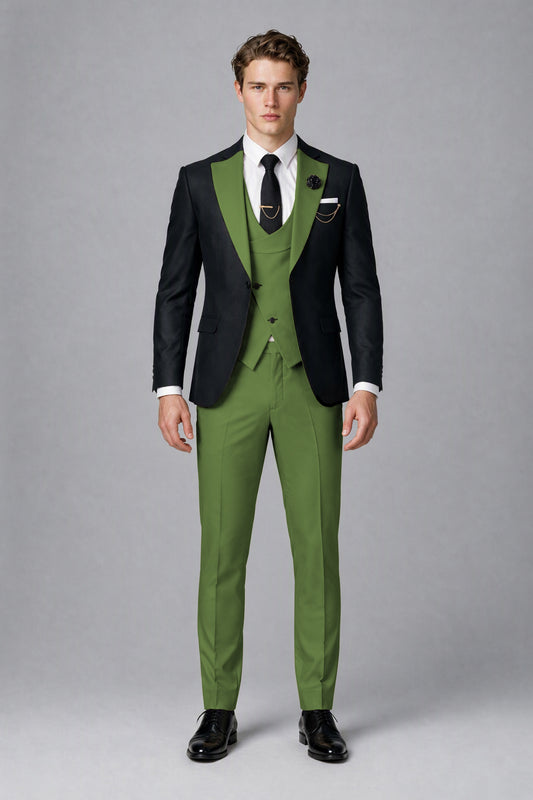 Savile Men's Black & Olive Green Three-Piece Wedding Suit - Olive Green