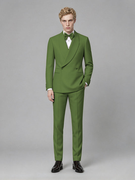 Men's Olive Green Single-Button Olive Green Satin Shawl Lapel Tuxedo Suit Set | Blazer & Trousers - Olive Green
