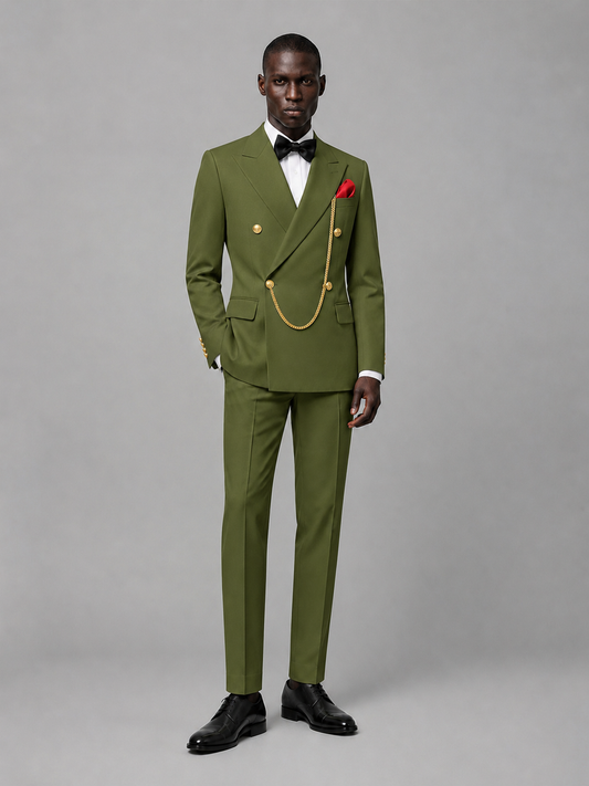 Men's Olive Green Double-Breasted 2-Piece Suit Set – Jacket & Trousers | Olive Green Chain - Olive Green