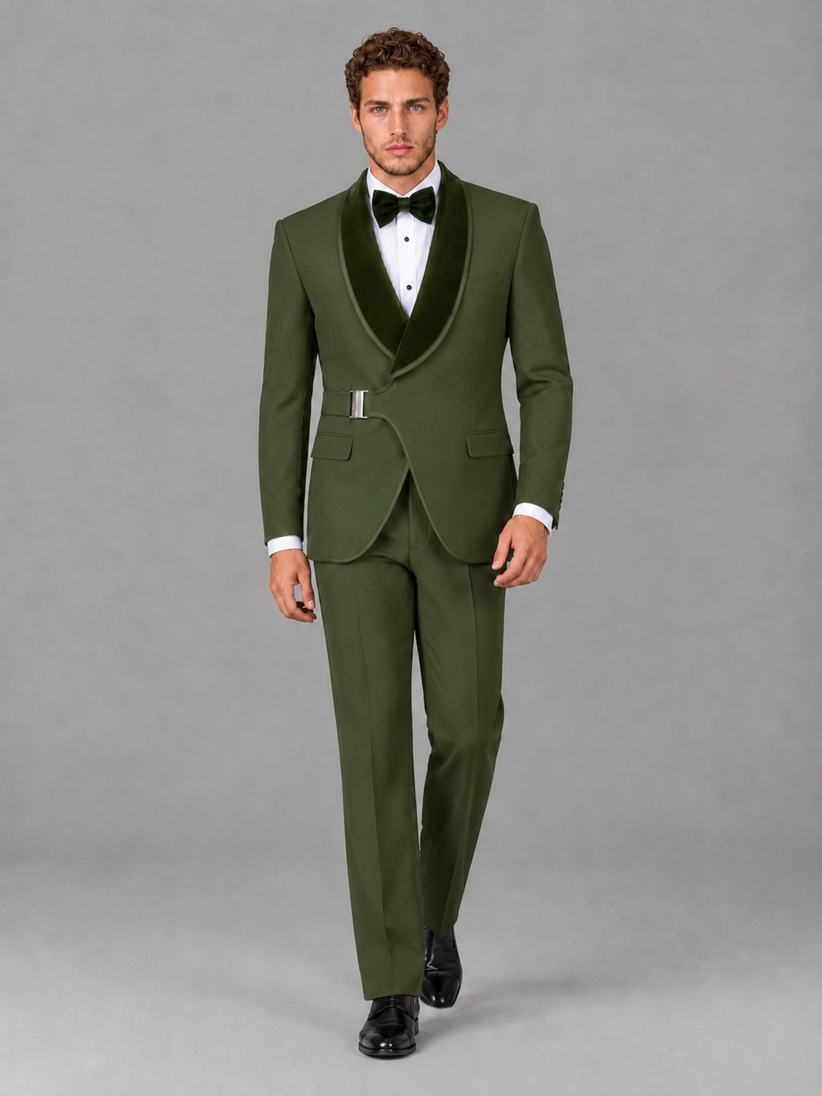 Savile Men's Olive Green Velvet Shawl Lapel Tuxedo Suit – Modern Side-Buckle Dinner Jacket & Trousers 2-Piece Set - Olive Green