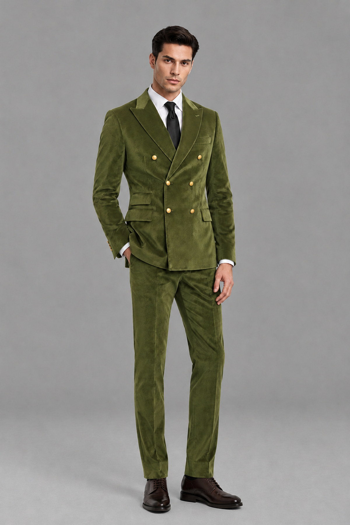 Savile Men's Olive Green Velvet Double-Breasted 2-Piece Suit Set | Peak Lapel Blazer & Trousers - Olive Green