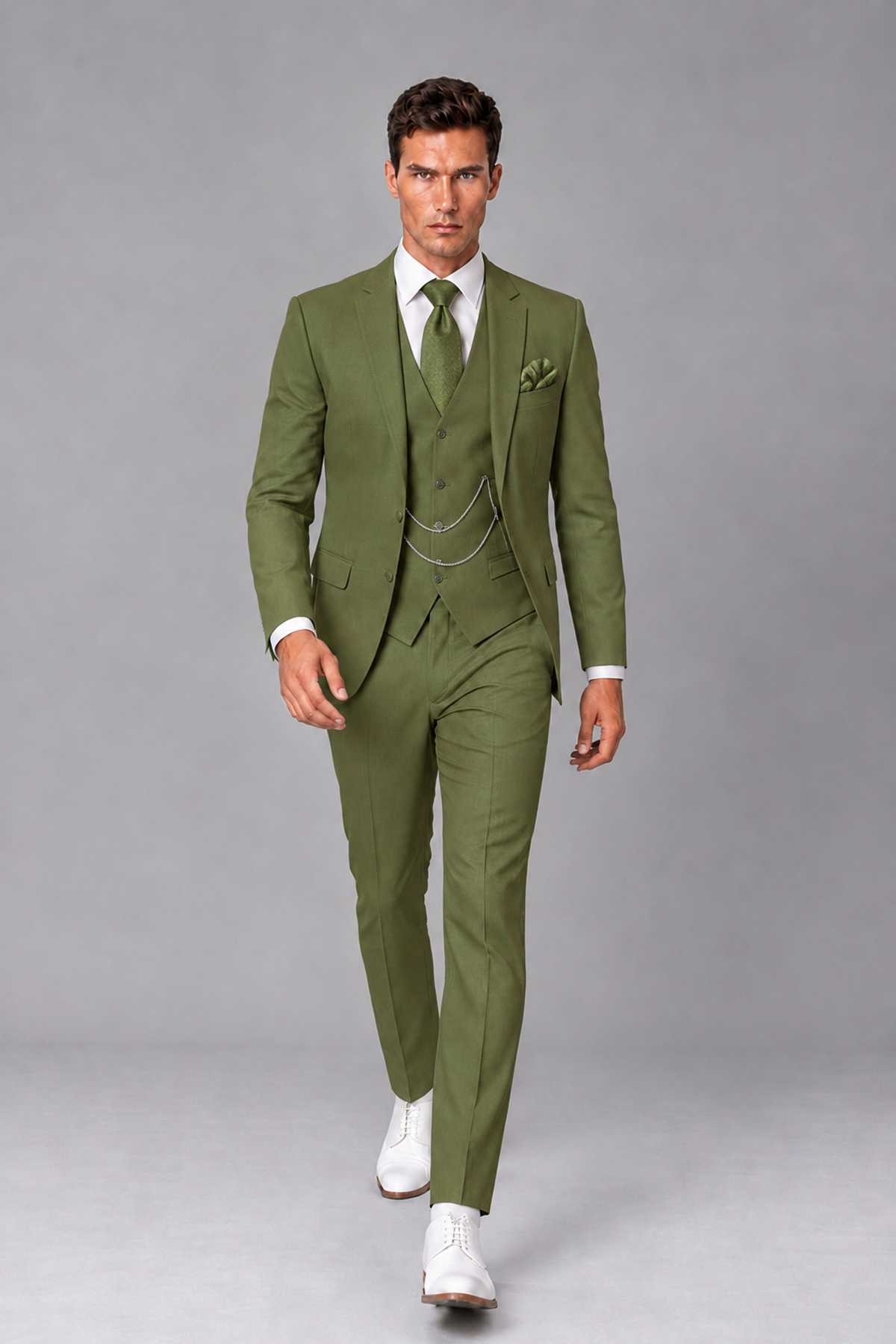 Savile Olive Green 3-Piece Suit with Notch Lapel & Chain Vest - Olive Green