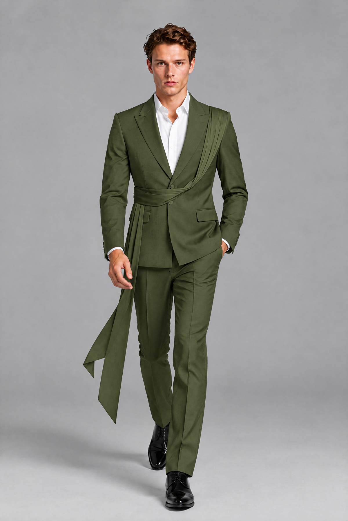 Men's Olive Green Draped Sash Suit – Peak Lapel 2-Piece Slim Fit Party, Gala & Wedding Set - Olive Green