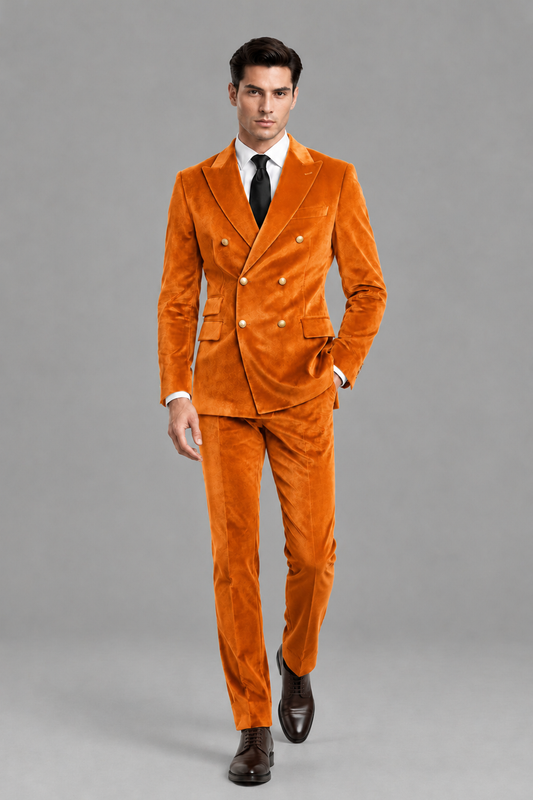 Savile Men's Orange Velvet Double-Breasted 2-Piece Suit Set | Peak Lapel Blazer & Trousers - Orange