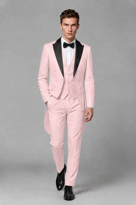 Savile Pink 3-Piece Tailcoat Tuxedo Suit with Black Peak Lapel - Pink - Pink_02