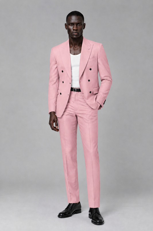 Savile Men's Pink Double Breasted Slim Fit 2-Piece Suit Set – Blazer & Trousers | Wedding Gala Formal - Pink - Pink_02