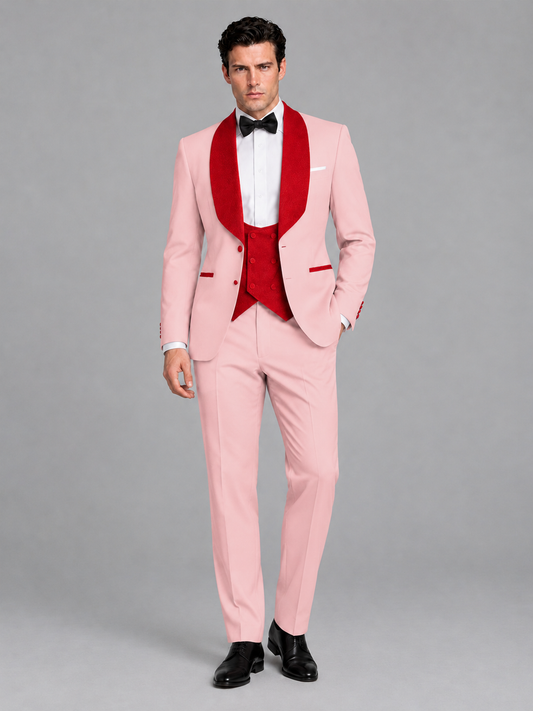 Savile Men's Pink 3-Piece Tuxedo Suit Set – Contrast Red Shawl Lapel Blazer, Red Waistcoat & Trousers - SUC020 - Pink
