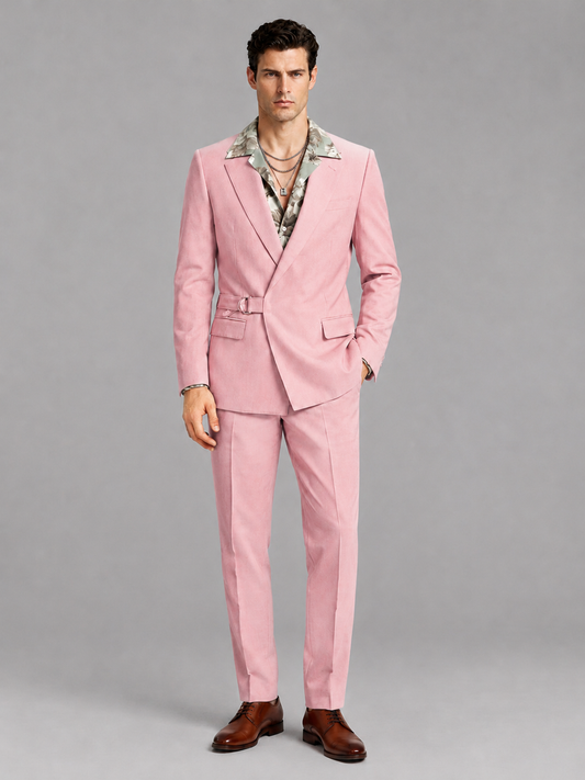 Savile Men's Pink Belted Wrap 2-Piece Suit – Peak Lapel Blazer & Tailored Trousers - SUC060 - Pink - Pink_2