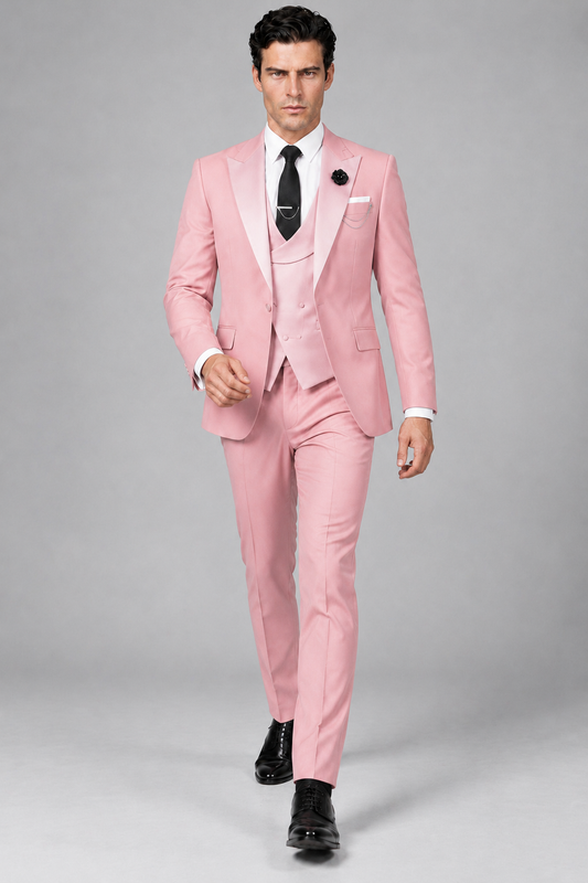 Savile Men's Pink 3-Piece Tuxedo Suit – Contrast Silver Peak Lapel & Grey Vest Formal Set - Pink - Pink_2