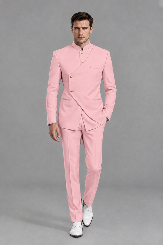 Savile Men's Pink Asymmetrical Mandarin Collar Tuxedo Suit – Modern 2-Piece Gold Button Wedding, Prom & Gala Set - Pink - Pink_2