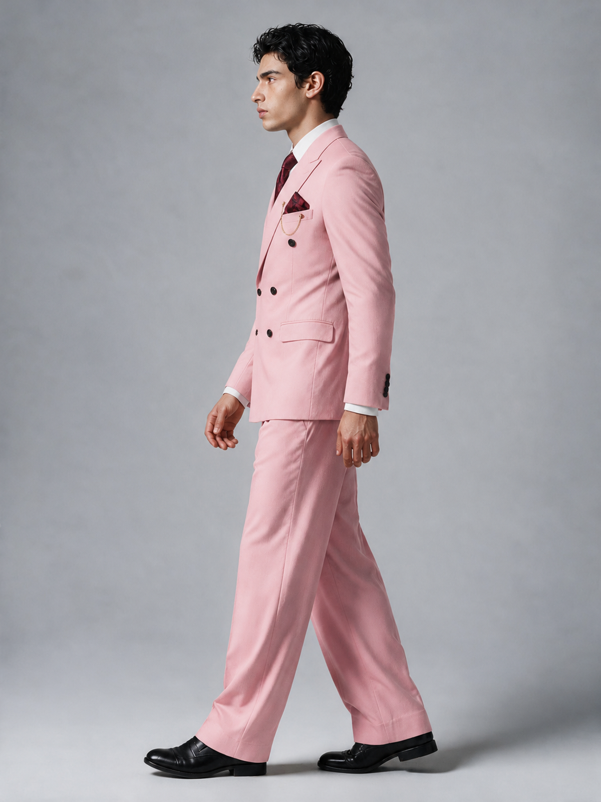 Savile Men's Pink Double-Breasted 2-Piece Suit Set – Peak Lapel Blazer & Pleated Wide-Leg Trousers - Pink - Pink_4