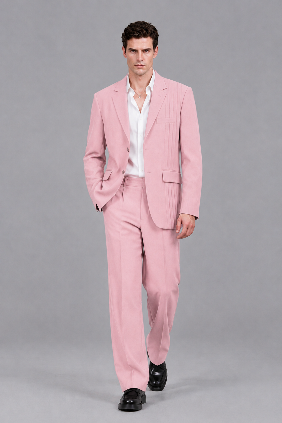 Savile Men's Pink Pleated 2-Piece Suit Set | Notch Lapel Blazer & Tailored Trousers - Pink - Pink_5