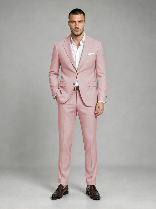 Savile Men's Dark Pink Wool-Blend 2-Piece Suit Set – Two-Button Notch Lapel Slim-Fit Blazer & Turn-Up Trousers - Pink