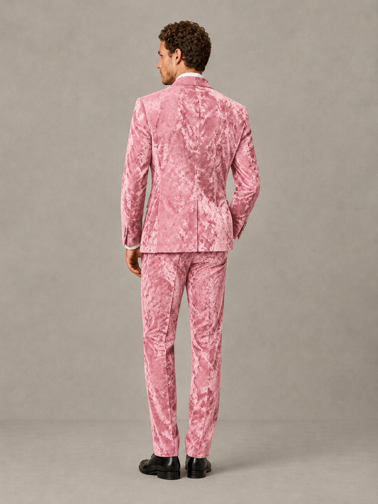 Savile Men's Pink Crushed Velvet Peak Lapel 2-Piece Suit Set | Jacket & Trousers - Pink - Pink (2)