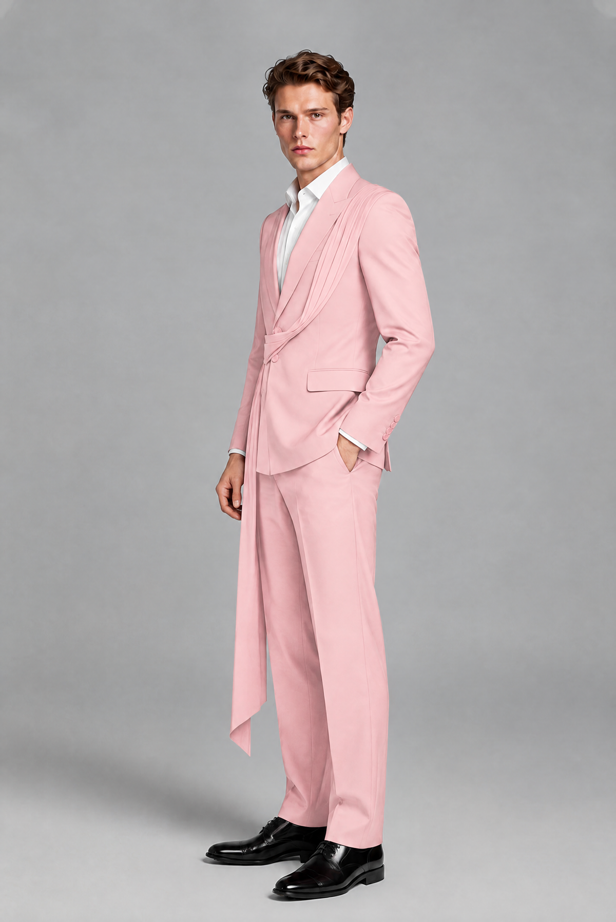 Men's Pink Draped Sash Suit – Peak Lapel 2-Piece Slim Fit Party, Gala & Wedding Set - Pink