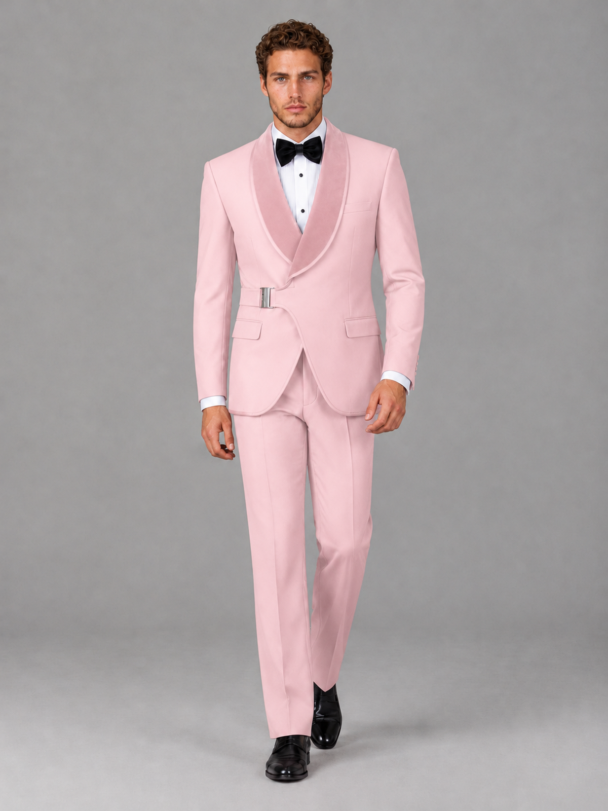 Savile Men's Pink Velvet Shawl Lapel Tuxedo Suit – Modern Side-Buckle Dinner Jacket & Trousers 2-Piece Set - Pink