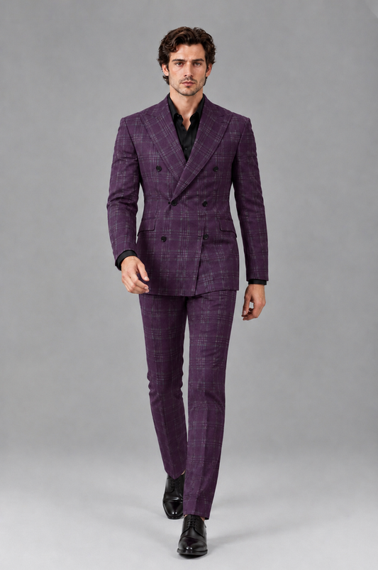 Savile Men's Rust Plaid 2-Piece Double-Breasted Suit – Peak Lapel Slim-Fit Jacket & Trousers Set - Plum - Plum