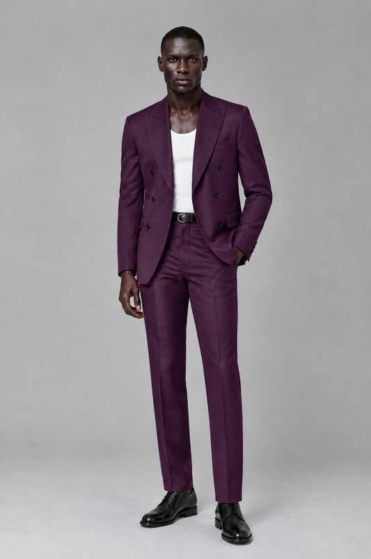 Savile Men's Plum Double Breasted Slim Fit 2-Piece Suit Set – Blazer & Trousers | Wedding Gala Formal - Plum - Plum_02