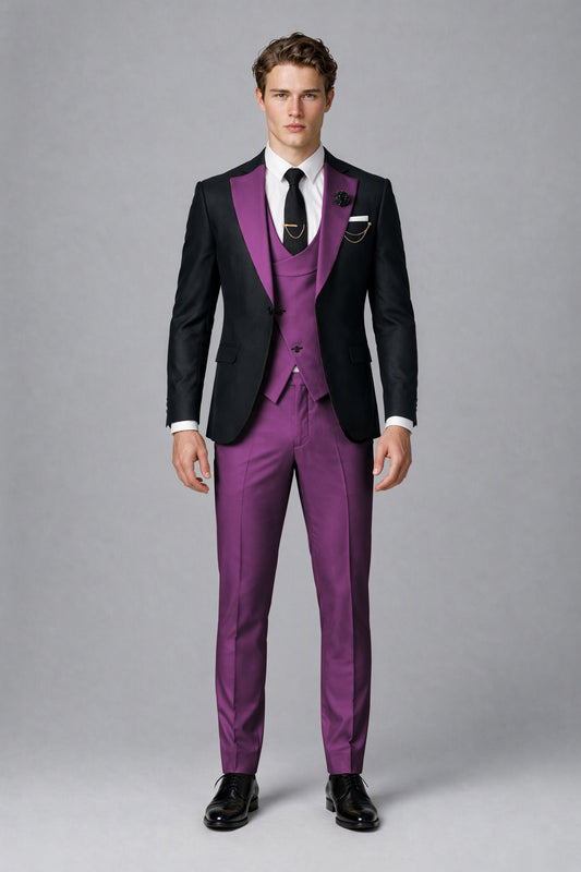 Savile Men's Black & Plum Three-Piece Wedding Suit - Plum