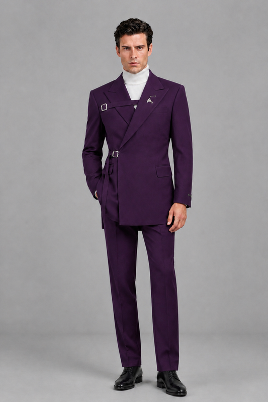 Savile Men's Plum Double Buckle Wrap Belted 2-Piece Suit Set – Peak Lapel Slim-Fit Jacket & Trousers - Plum - Plum_2