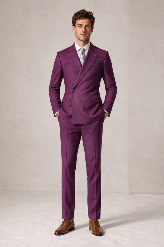 Savile Men's Plum Double-Breasted Slim Fit 2-Piece Suit Set – Peak Lapel Blazer & Cuffed Trousers | Wedding Prom Formal - Plum