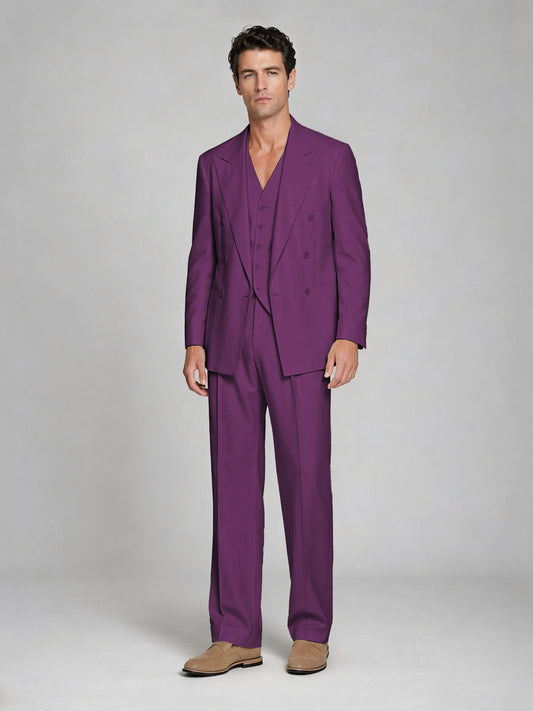 Men's Plum Double-Breasted 2-Piece Suit – Peak Lapel Wedding & Beach Formal Set with Vest - Plum