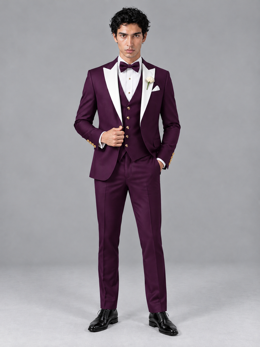 Savile Men's Plum Contrast White Peak Lapel 3-Piece Tuxedo Suit - Plum