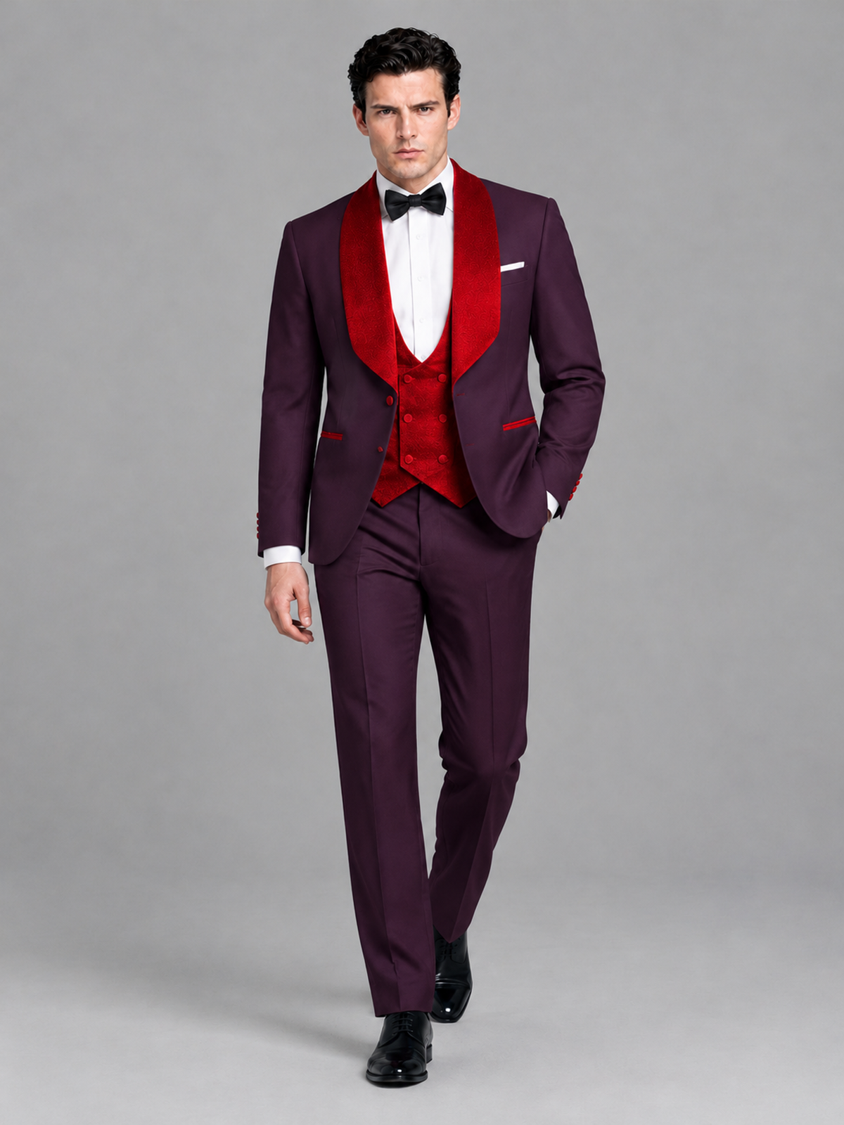 Savile Men's Plum 3-Piece Tuxedo Suit Set – Contrast Red Shawl Lapel Blazer, Red Waistcoat & Trousers - SUC020 - Plum