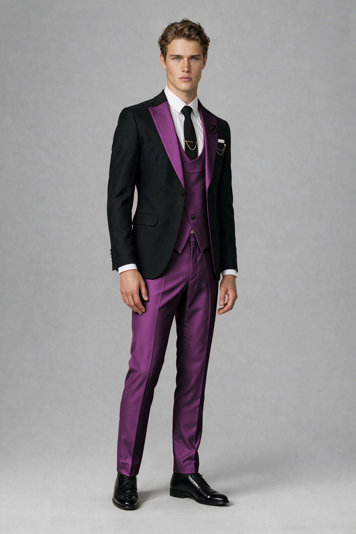 Savile Men's Black & Plum Three-Piece Wedding Suit - Plum