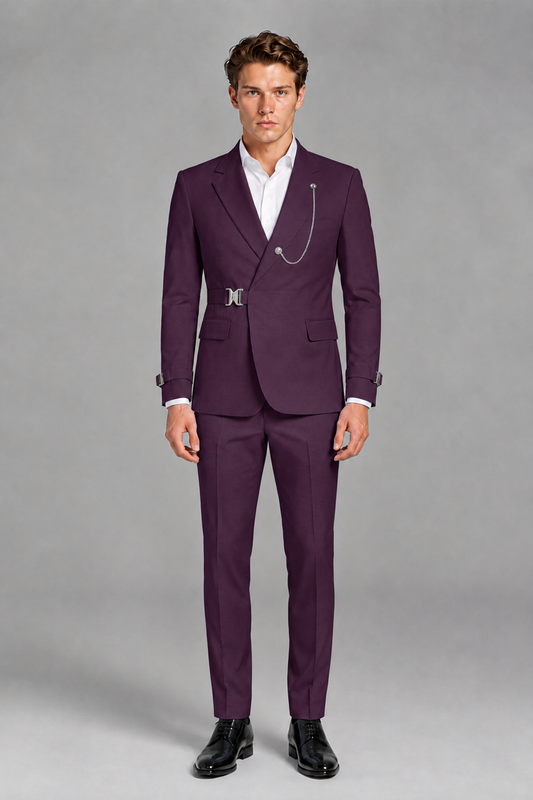 Savile Men's Plum Buckle-Closure 2-Piece Suit Set | Peak Lapel Blazer & Trousers - Plum