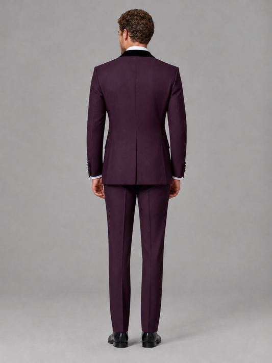 Savile Men's Plum Velvet Shawl Lapel Tuxedo Suit – Modern Side-Buckle Dinner Jacket & Trousers 2-Piece Set - Plum