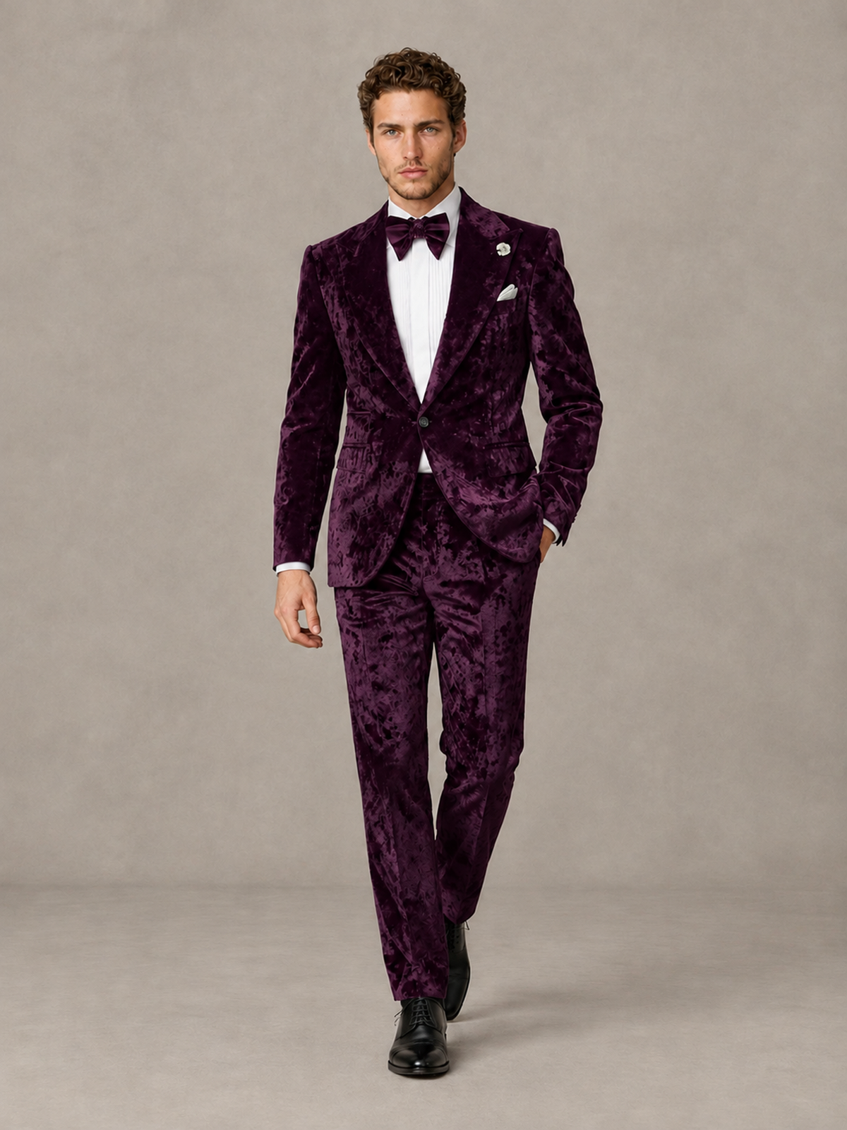 Savile Men's Plum Crushed Velvet Peak Lapel 2-Piece Suit Set | Jacket & Trousers - Plum - Plum (4)