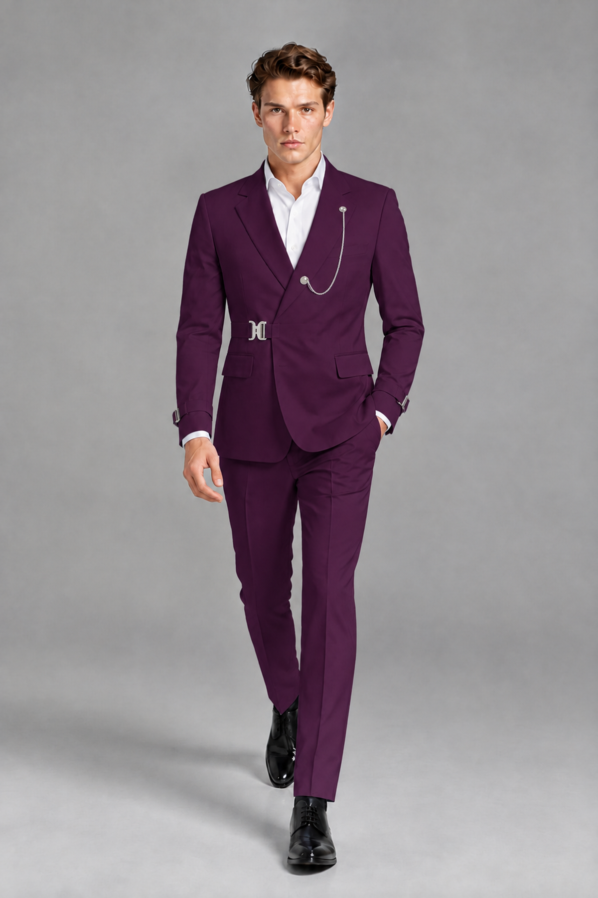 Savile Men's Plum Buckle-Closure 2-Piece Suit Set | Peak Lapel Blazer & Trousers - Plum