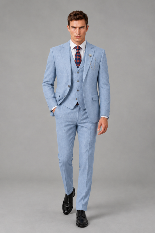 Savile Men's Grey Notch Lapel 3-Piece Suit Set | Jacket, Vest & Trousers - Powder Blue - Powder Blue