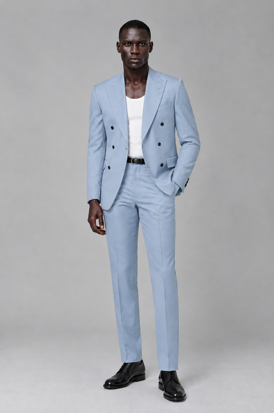 Savile Men's Powder Blue Double Breasted Slim Fit 2-Piece Suit Set – Blazer & Trousers | Wedding Gala Formal - Powder Blue - Powder Blue_02