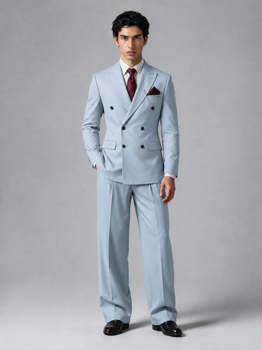 Savile Men's Powder Blue Double-Breasted 2-Piece Suit Set – Peak Lapel Blazer & Pleated Wide-Leg Trousers - Powder Blue - Powder Blue_2