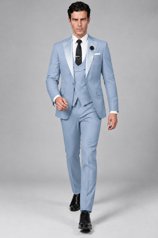 Savile Men's Powder Blue 3-Piece Tuxedo Suit – Contrast Silver Peak Lapel & Grey Vest Formal Set - Powder Blue - Powder Blue_2