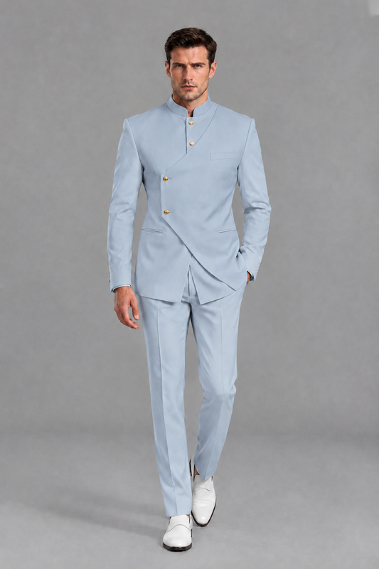 Savile Men's Powder Blue Asymmetrical Mandarin Collar Tuxedo Suit – Modern 2-Piece Gold Button Wedding, Prom & Gala Set - Powder Blue - Powder Blue_2