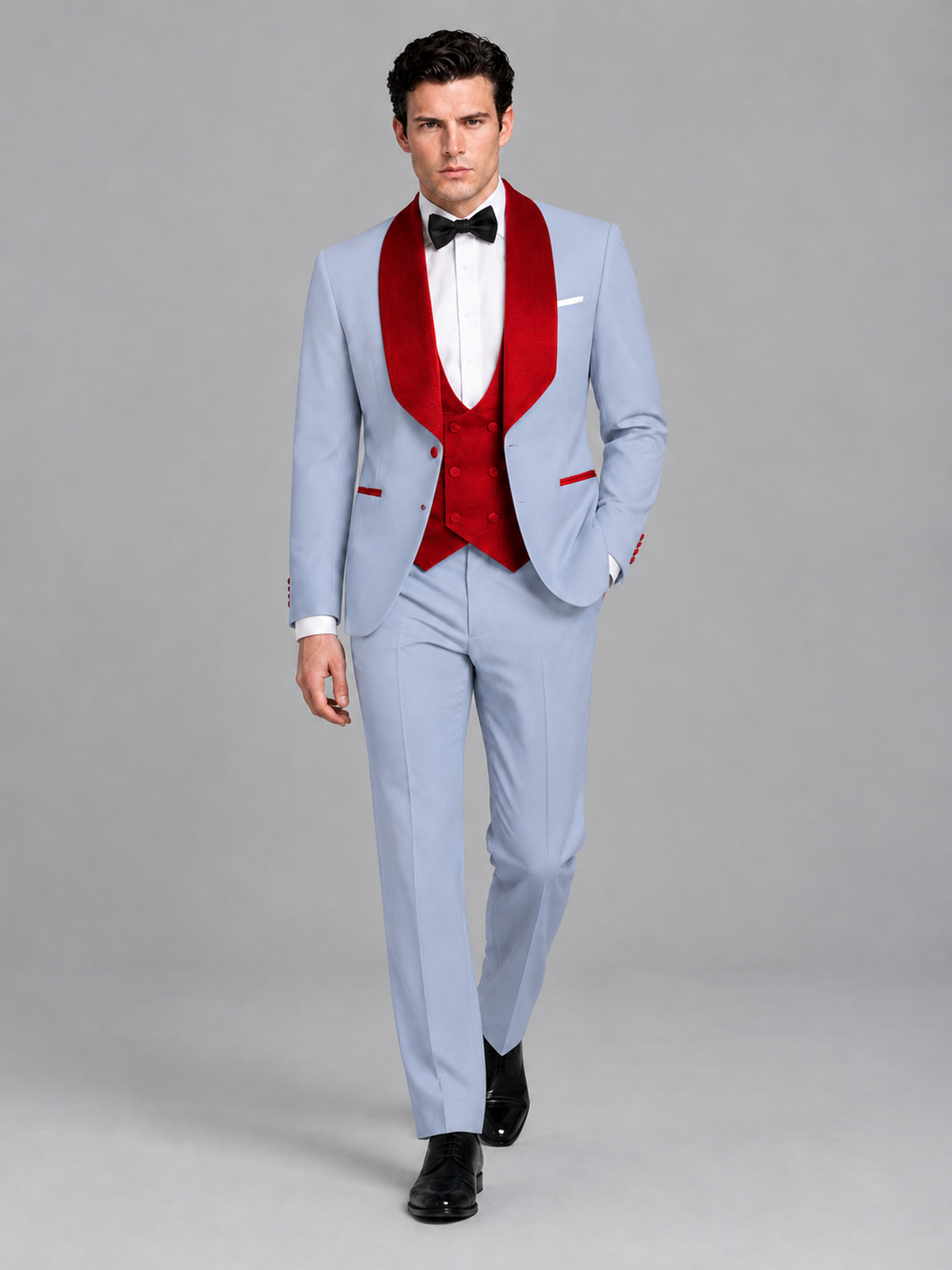 Savile Men's Powder Blue 3-Piece Tuxedo Suit Set – Contrast Red Shawl Lapel Blazer, Red Waistcoat & Trousers - SUC020 - Powder_Blue