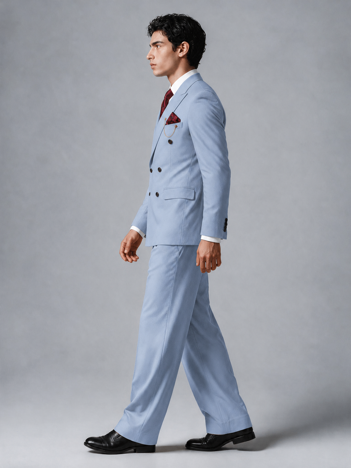 Savile Men's Powder Blue Double-Breasted 2-Piece Suit Set – Peak Lapel Blazer & Pleated Wide-Leg Trousers - Powder Blue - Powder Blue_4