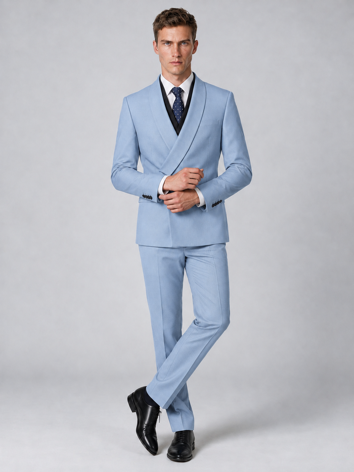 Savile Men's Powder Blue Wrap Shawl Lapel 2-Piece Suit Set – Modern Jacket & Trousers - Powder Blue - Powder Blue_4