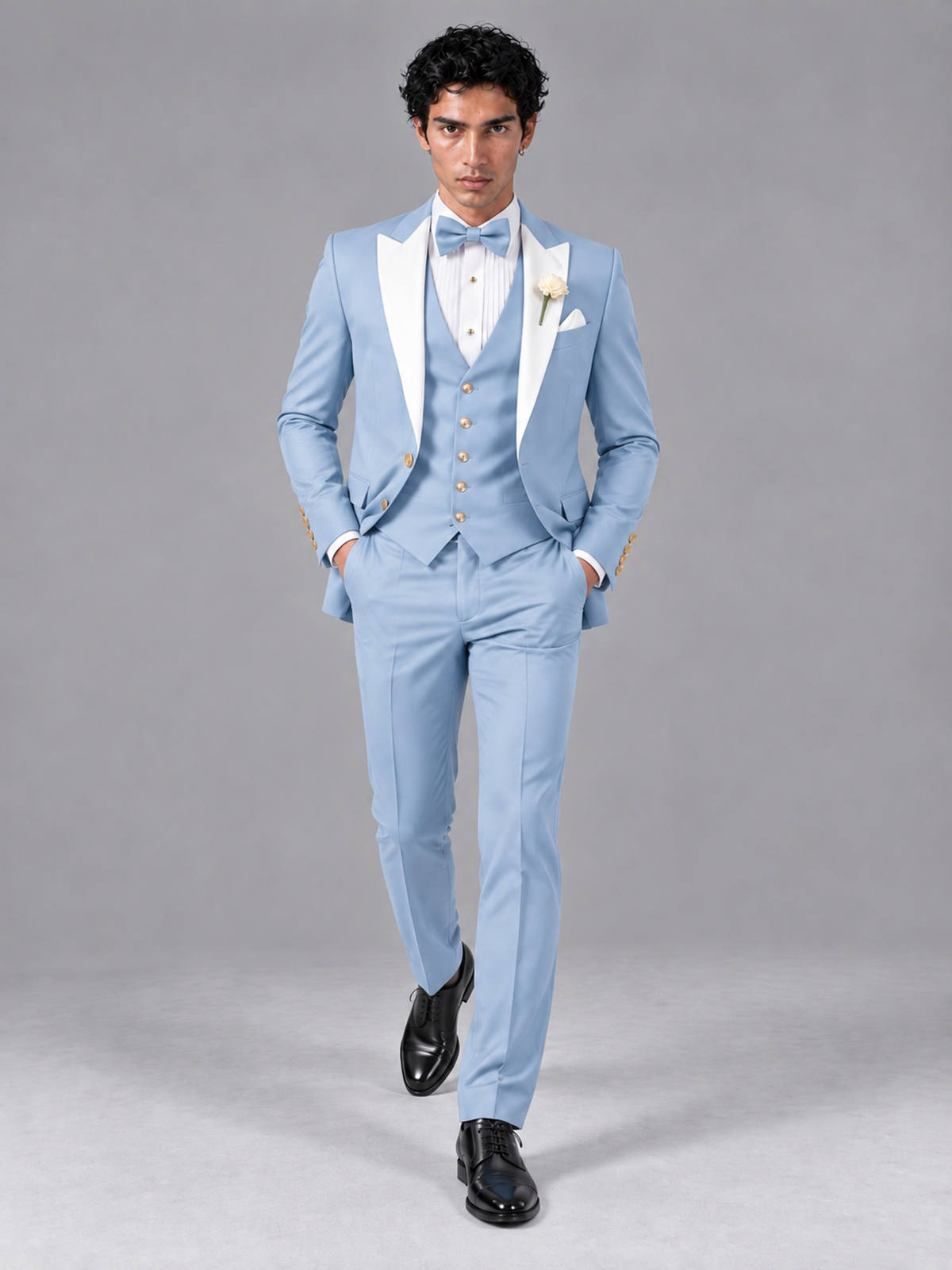 Savile Men's Powder Blue Contrast White Peak Lapel 3-Piece Tuxedo Suit - Powder_Blue