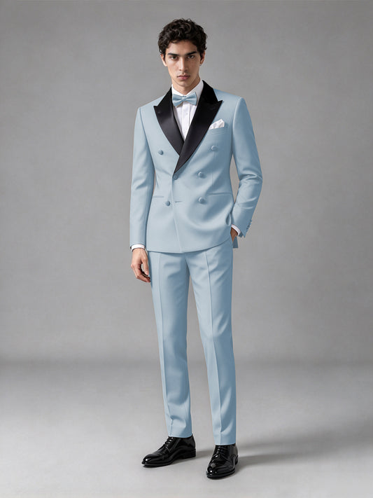 Men's Powder Blue Double-Breasted Satin Peak Lapel Tuxedo Suit Set (Jacket + Trousers) - Powder Blue