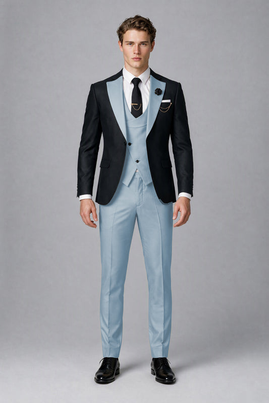 Savile Men's Black & Powder Blue Three-Piece Wedding Suit - Powder Blue