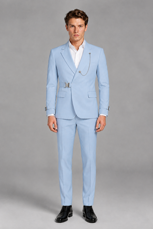 Savile Men's Powder Blue Buckle-Closure 2-Piece Suit Set | Peak Lapel Blazer & Trousers - Powder Blue