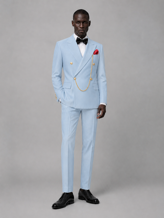 Men's Powder Blue Double-Breasted 2-Piece Suit Set – Jacket & Trousers | Powder Blue Chain - Powder Blue